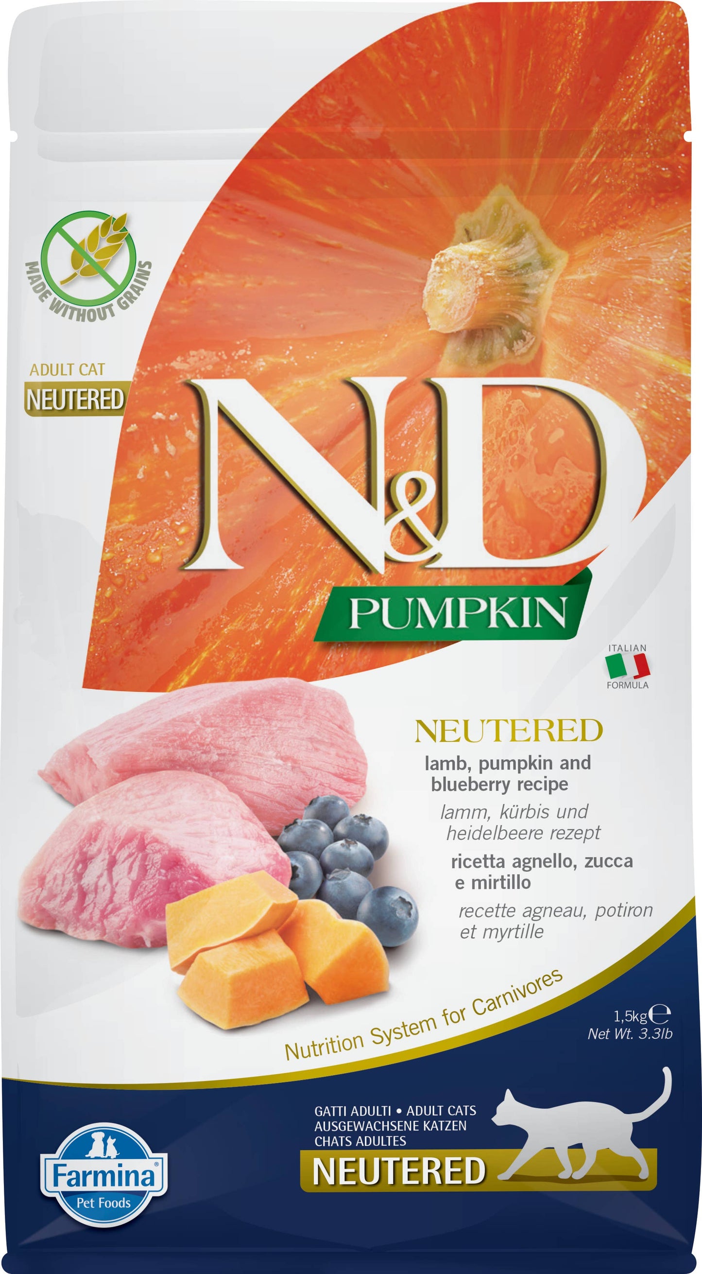 N&D Pumpkin, gecastreerd lamsvlees voor katten, 1,5 kg.